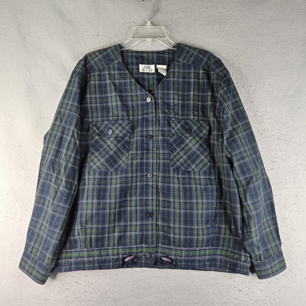 Vintage Tabi International Golf Jacket Womens 16 Blue Plaid Button Front Pockets